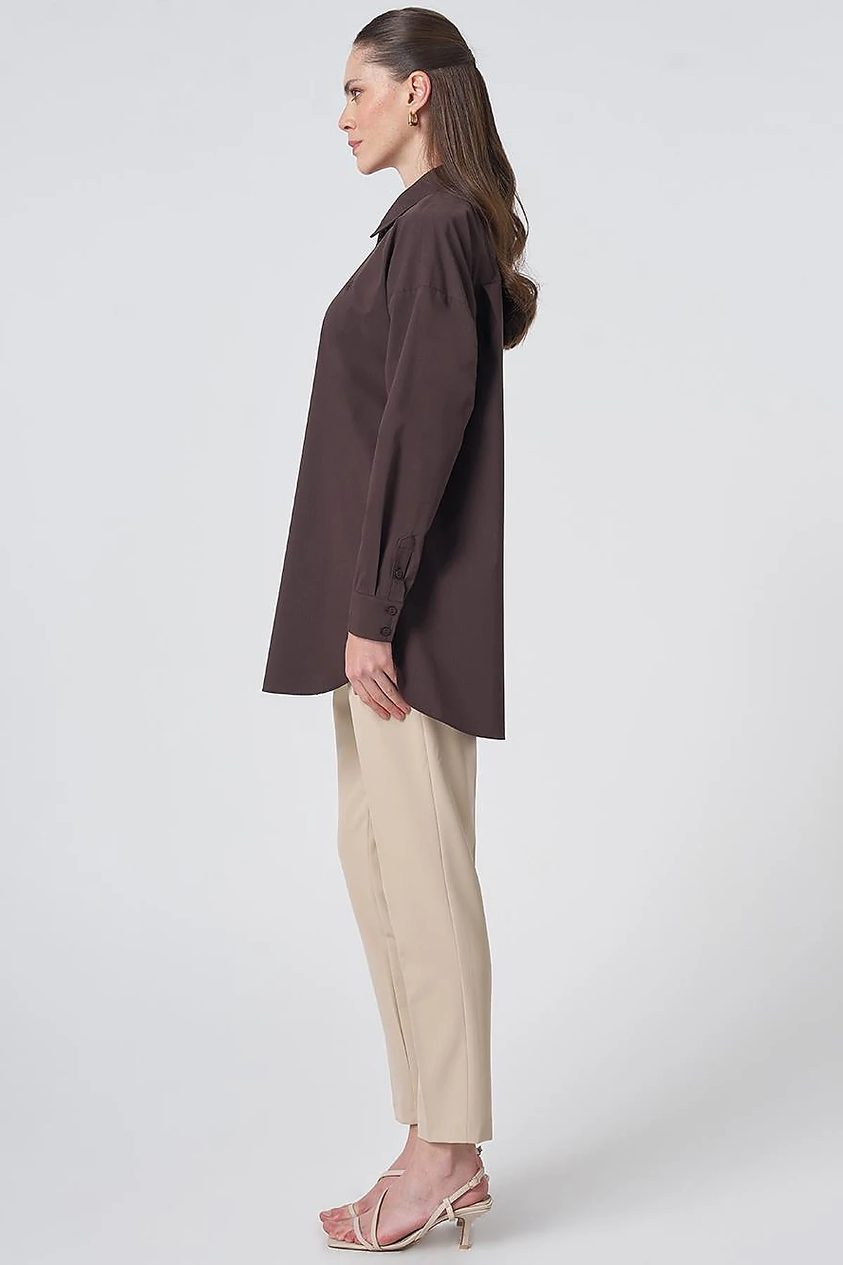 Concealed Placket Cotton Tunic Dark Brown