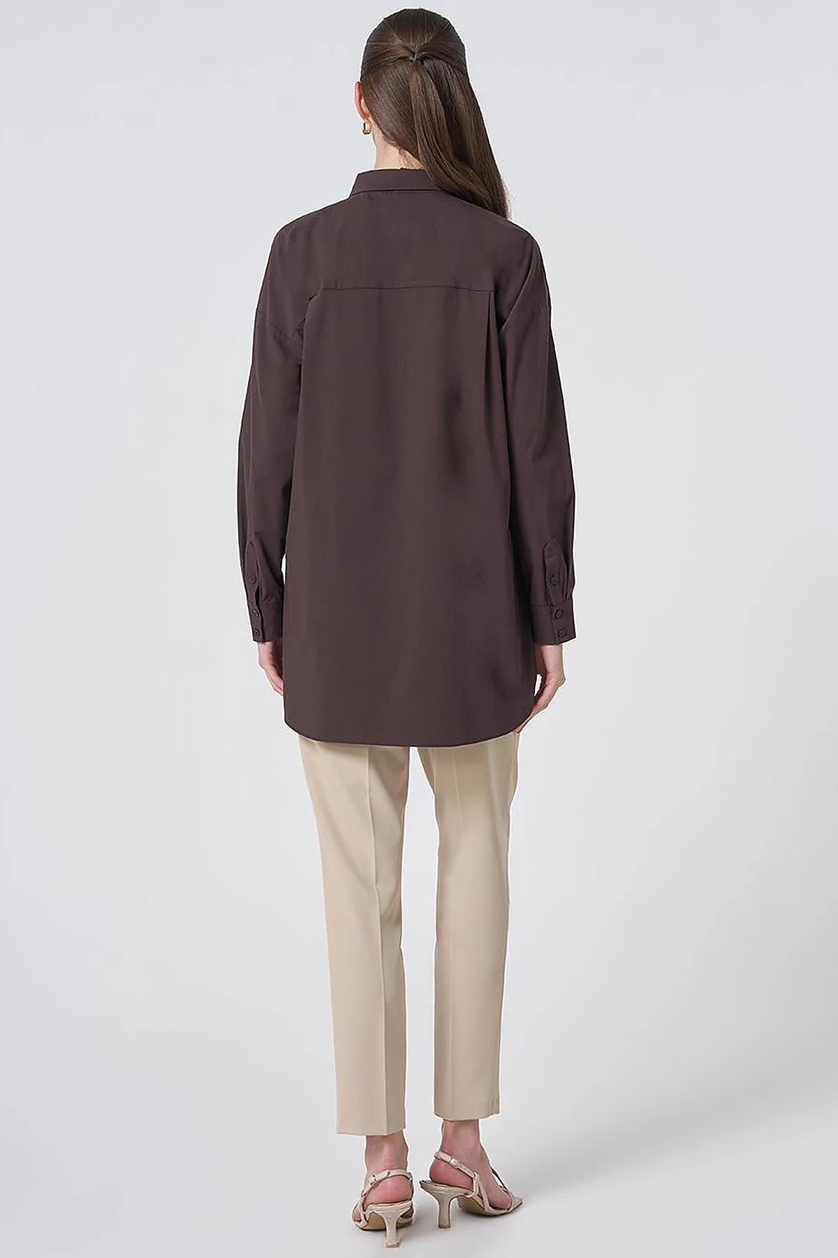 Concealed Placket Cotton Tunic Dark Brown
