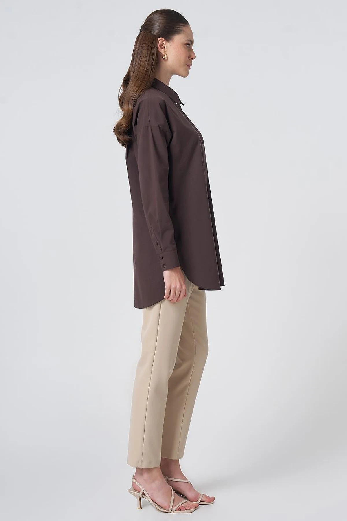 Concealed Placket Cotton Tunic Dark Brown