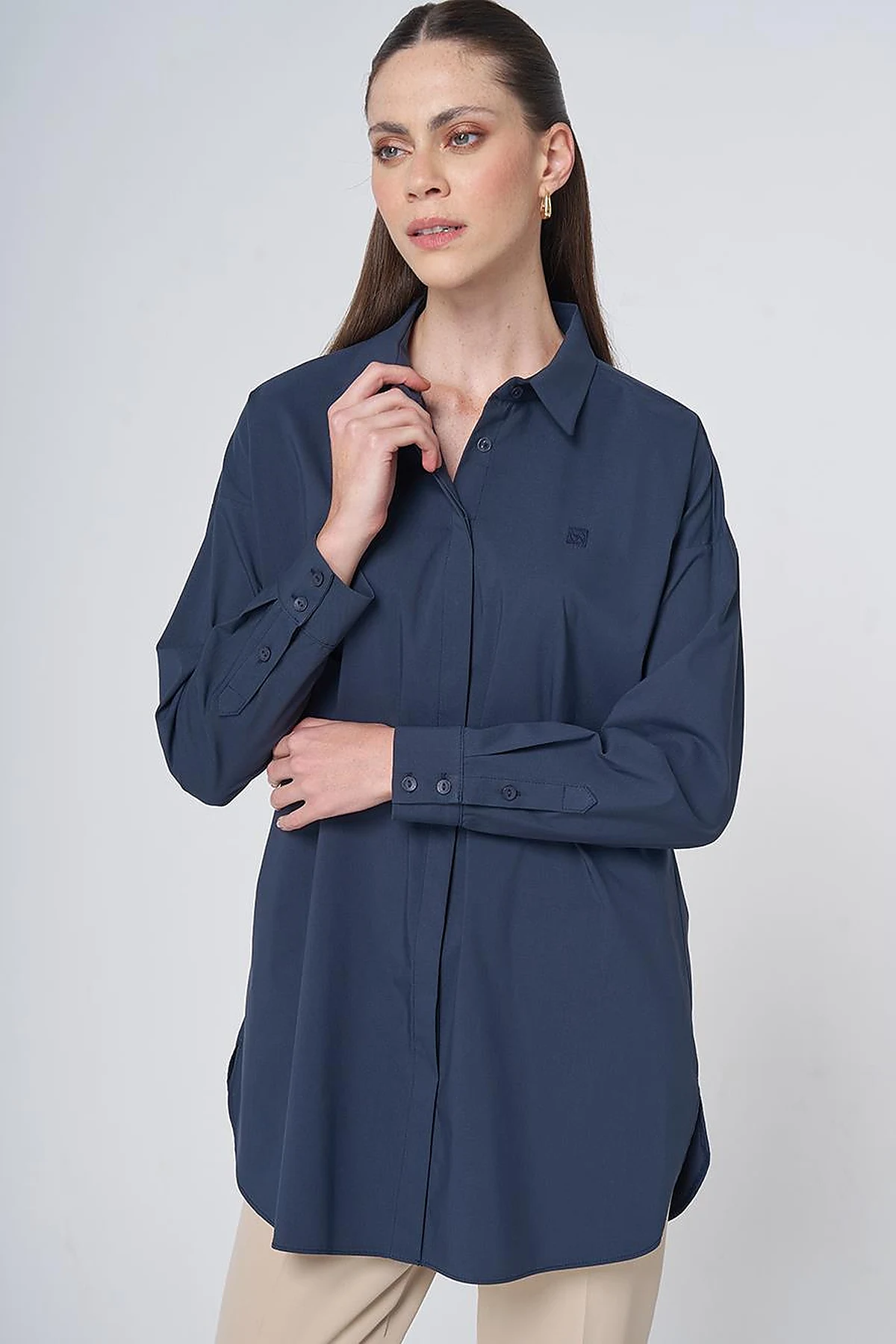 Concealed Placket Cotton Tunic Navy Blue