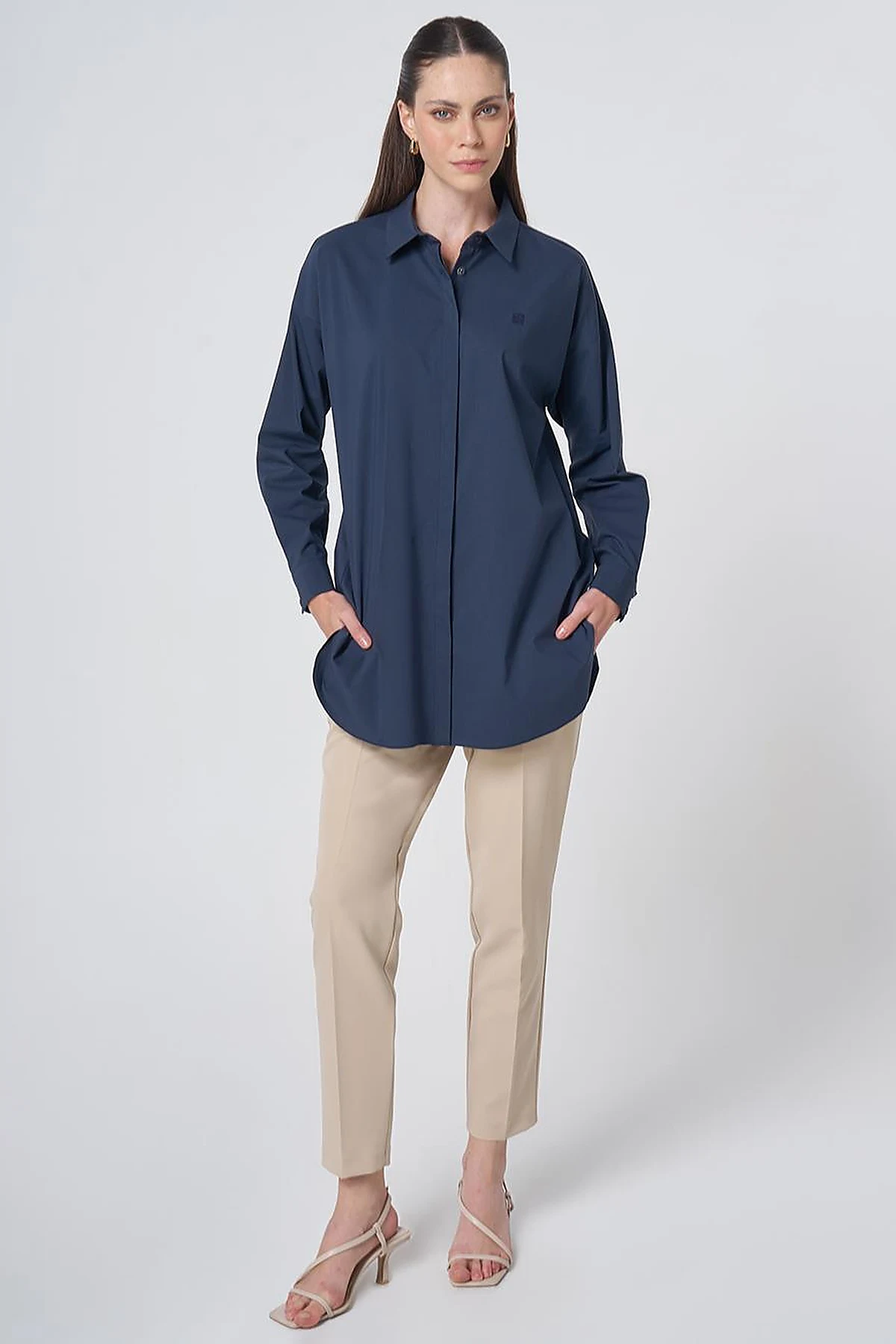 Concealed Placket Cotton Tunic Navy Blue