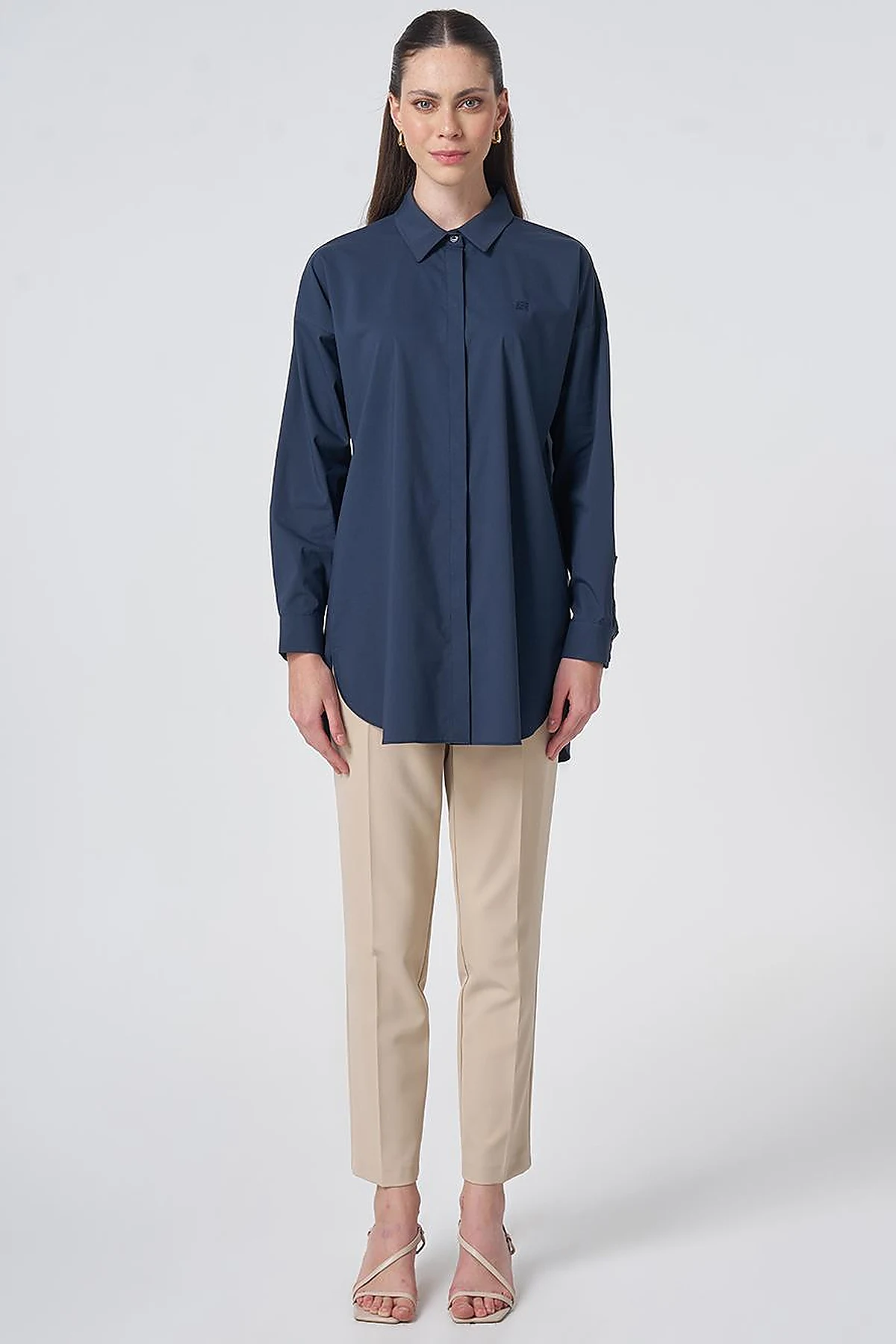 Concealed Placket Cotton Tunic Navy Blue