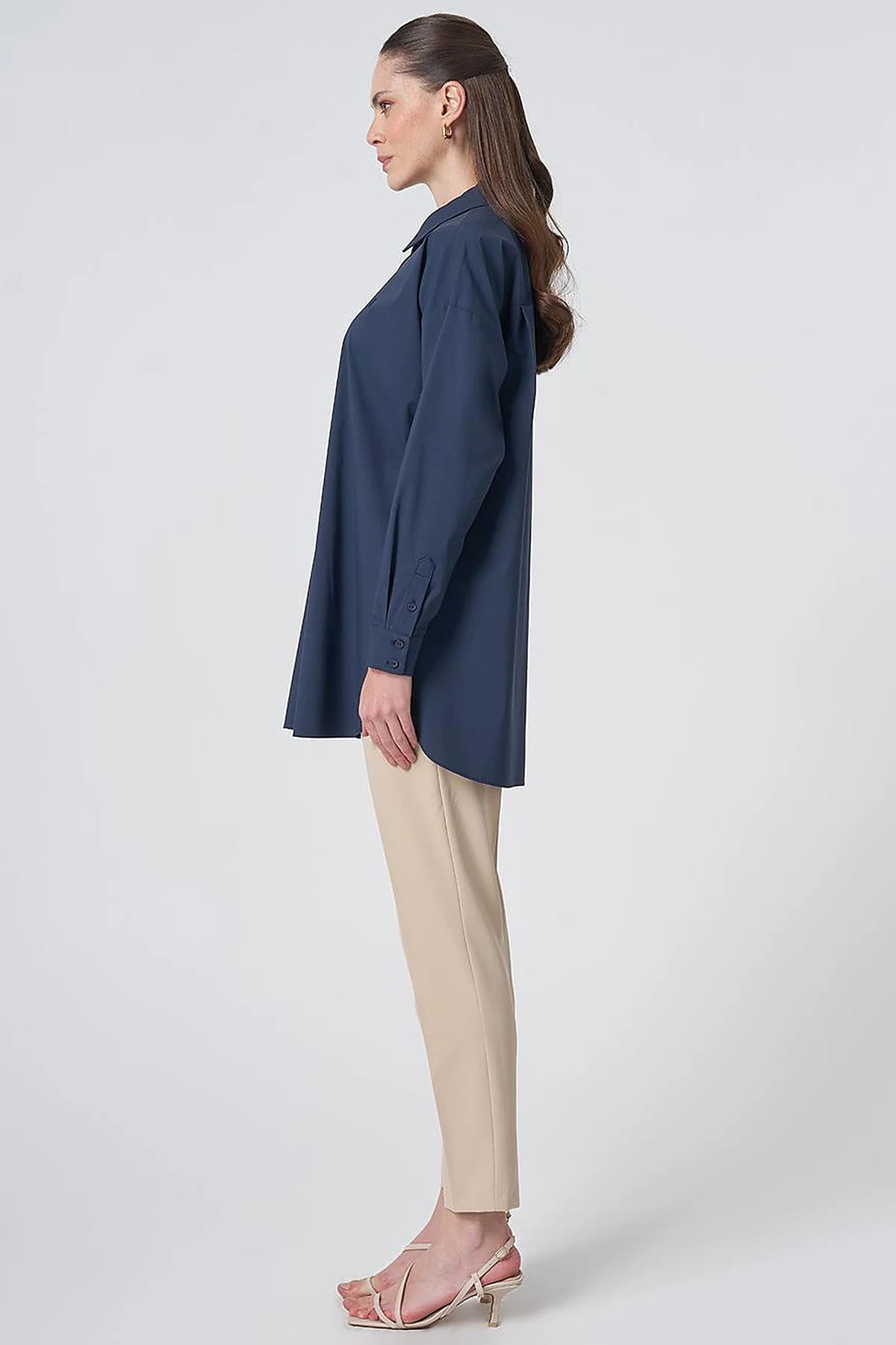 Concealed Placket Cotton Tunic Navy Blue