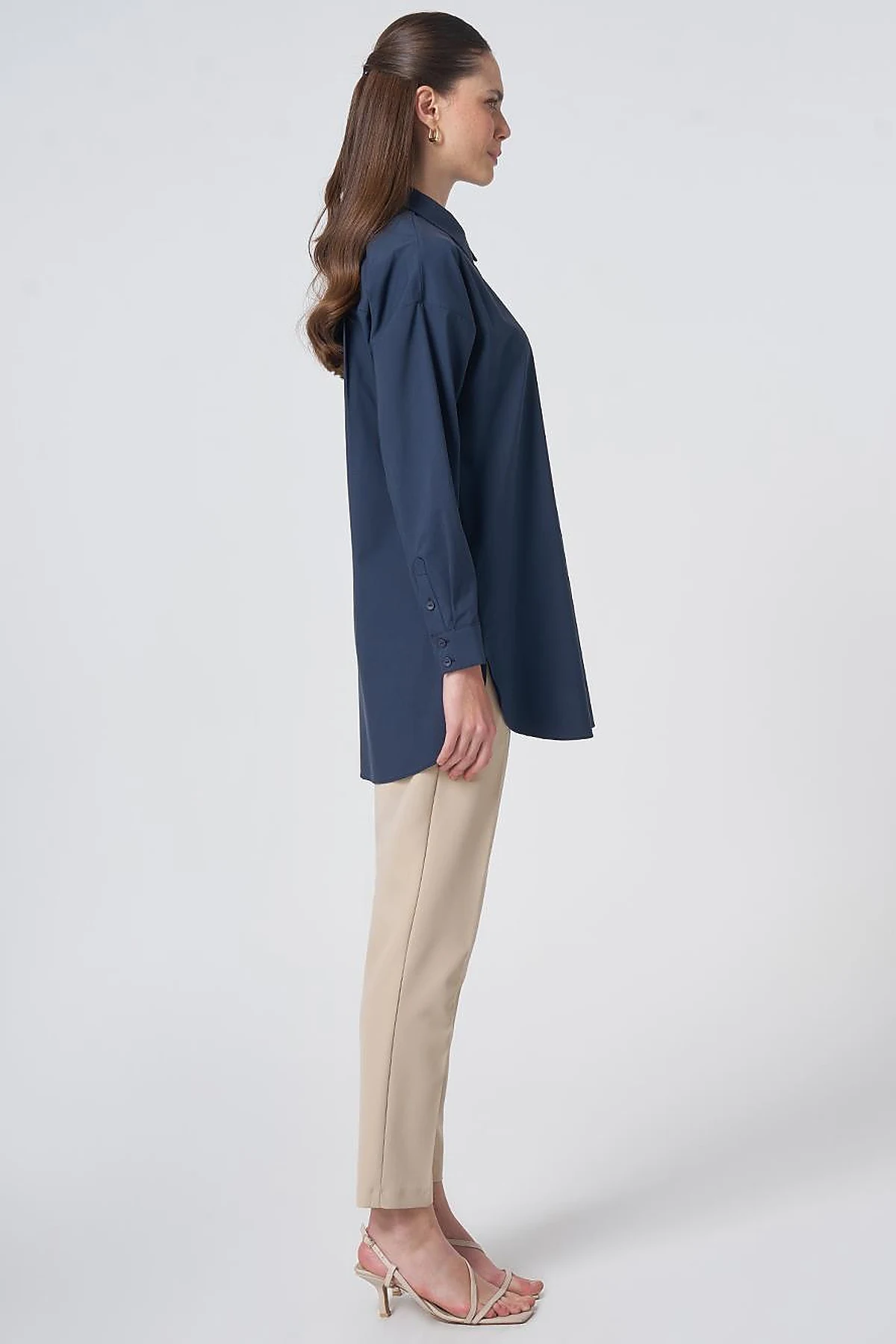 Concealed Placket Cotton Tunic Navy Blue