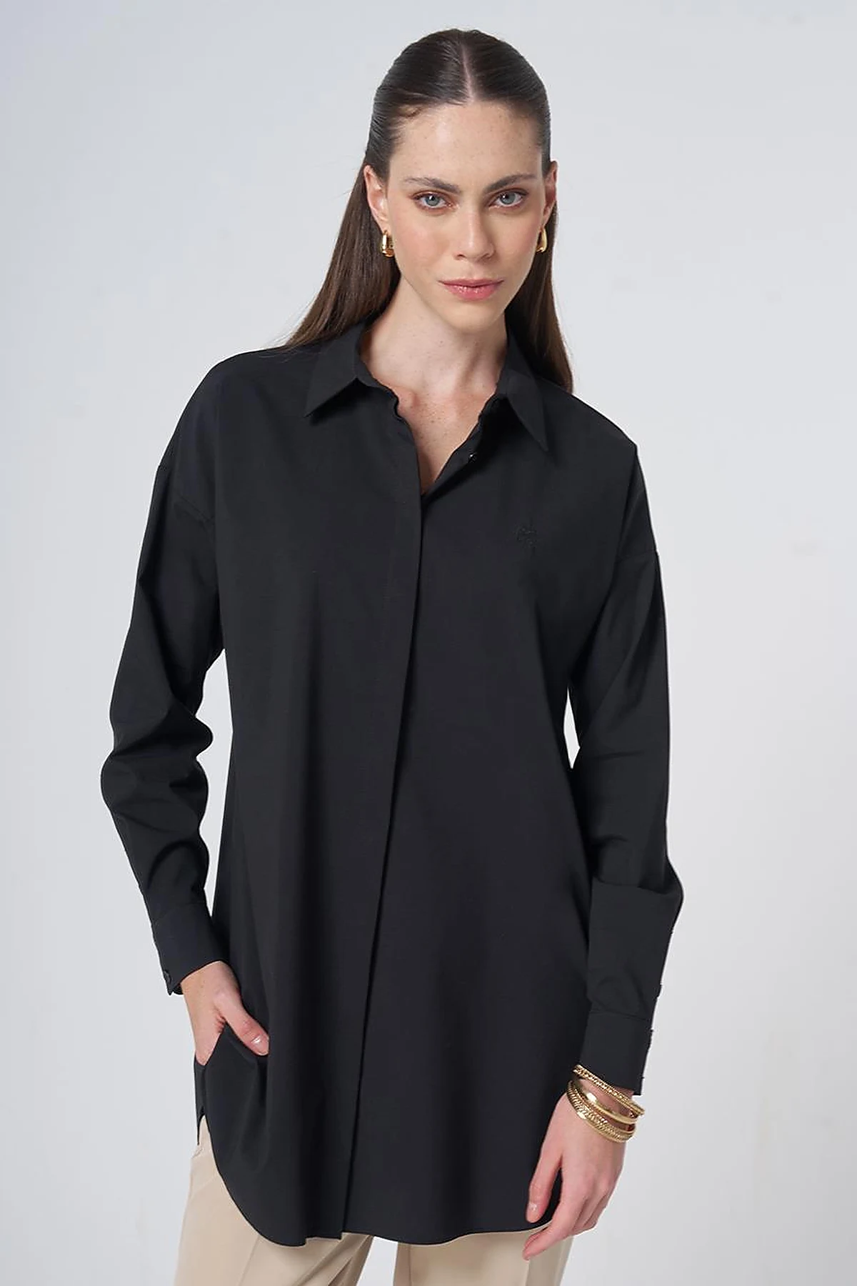 Concealed Placket Cotton Tunic Black