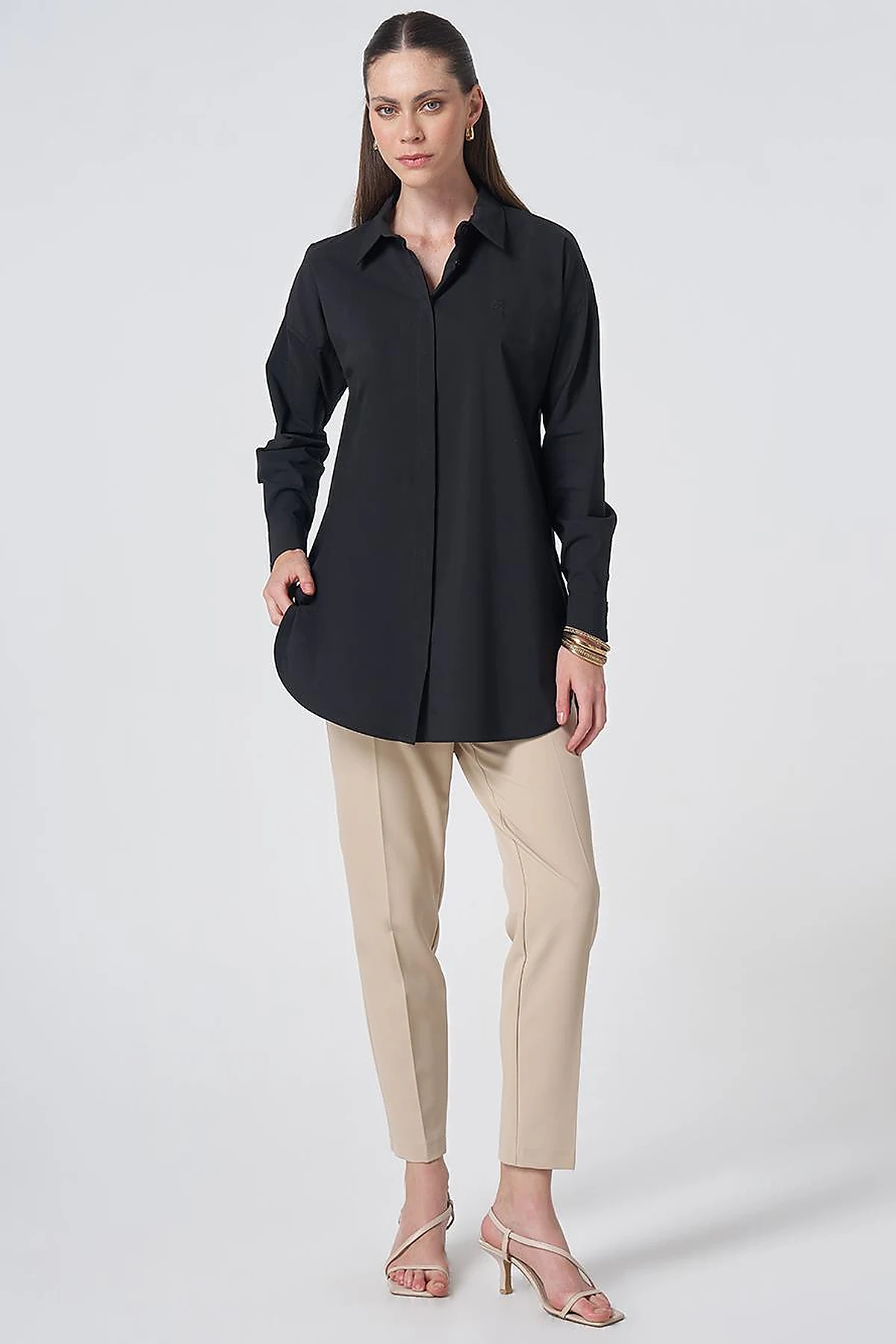 Concealed Placket Cotton Tunic Black