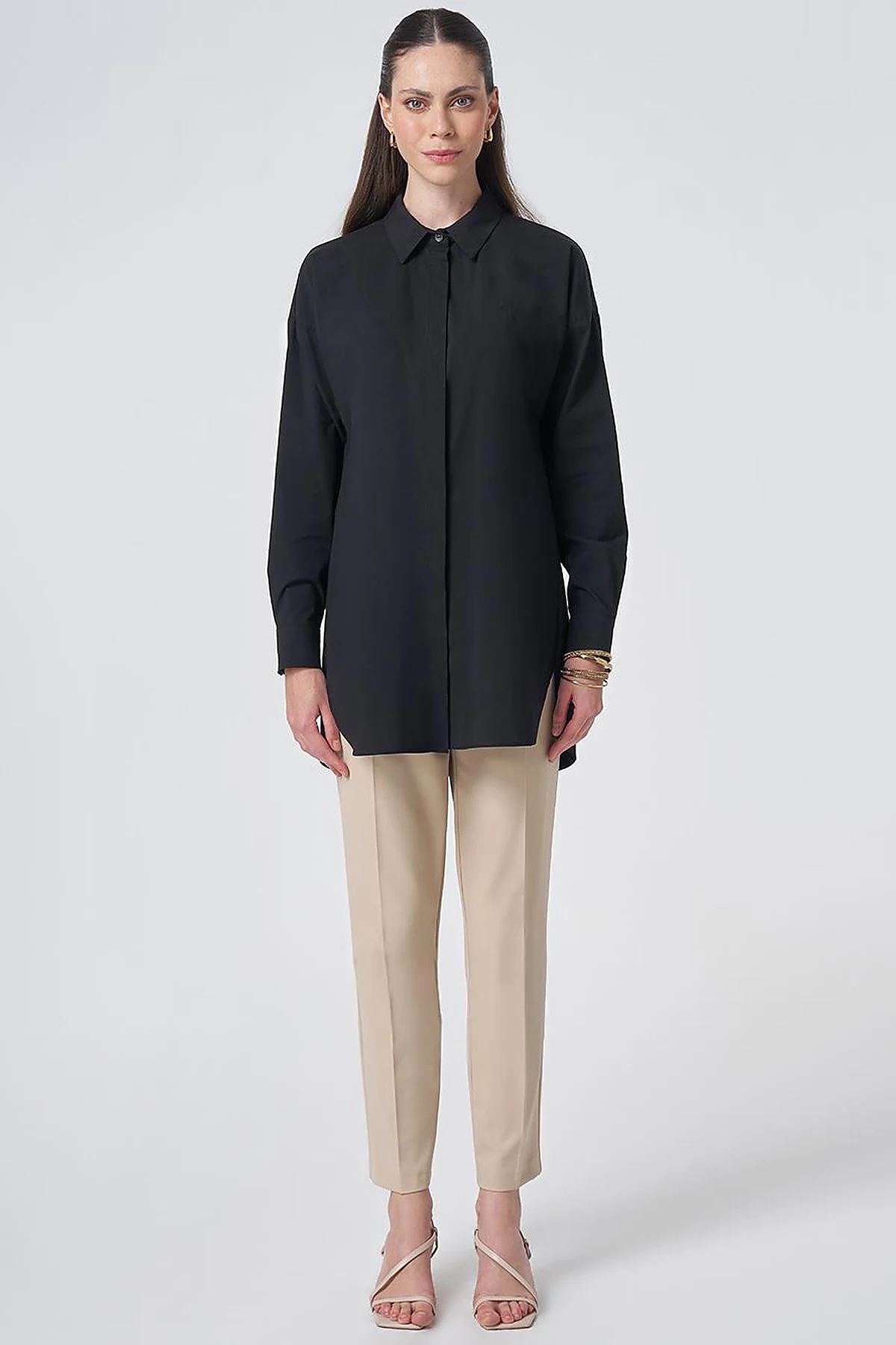 Concealed Placket Cotton Tunic Black