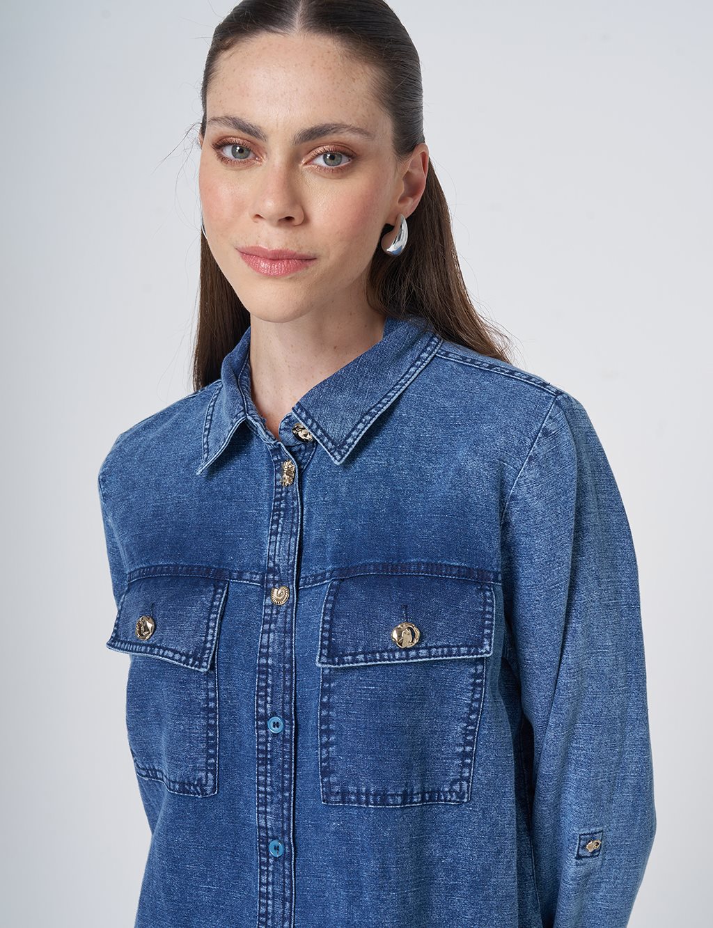 Gold Button Cotton Linen Tunic Indigo