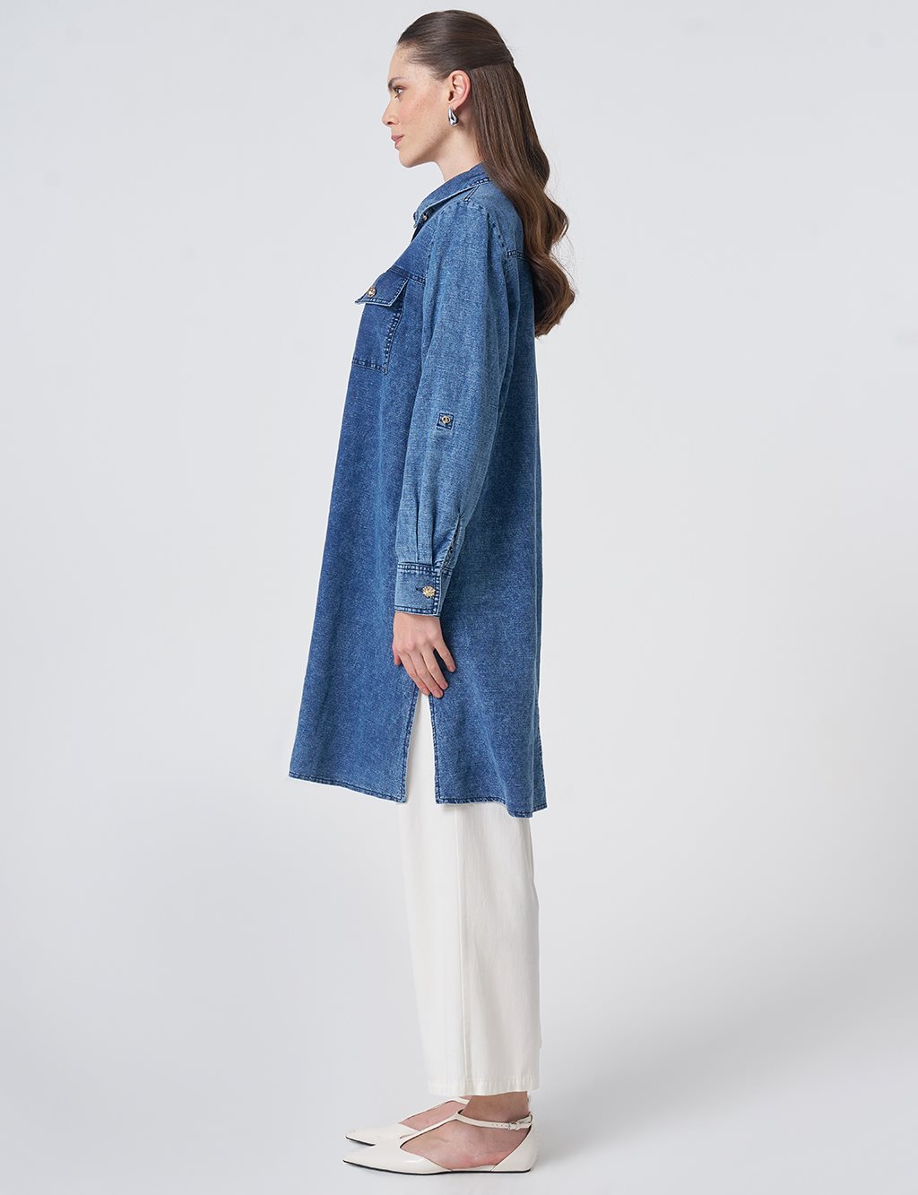 Gold Button Cotton Linen Tunic Indigo