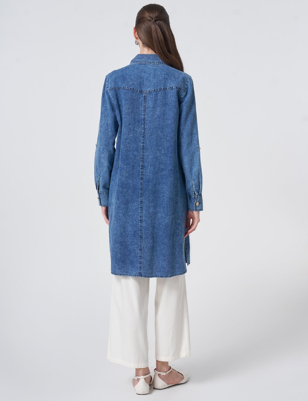 Gold Button Cotton Linen Tunic Indigo