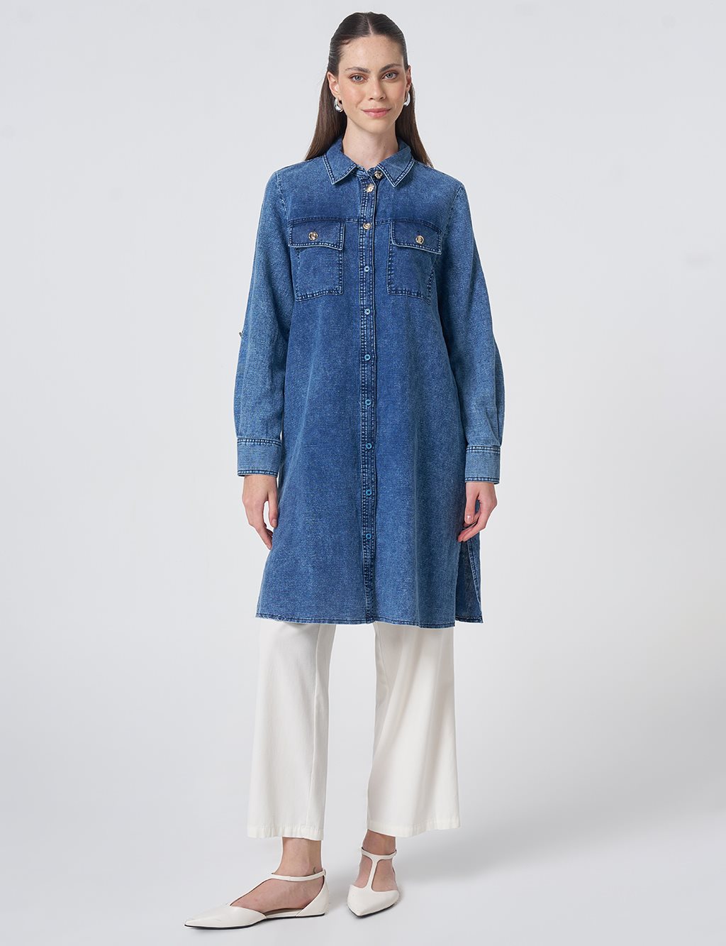 Gold Button Cotton Linen Tunic Indigo