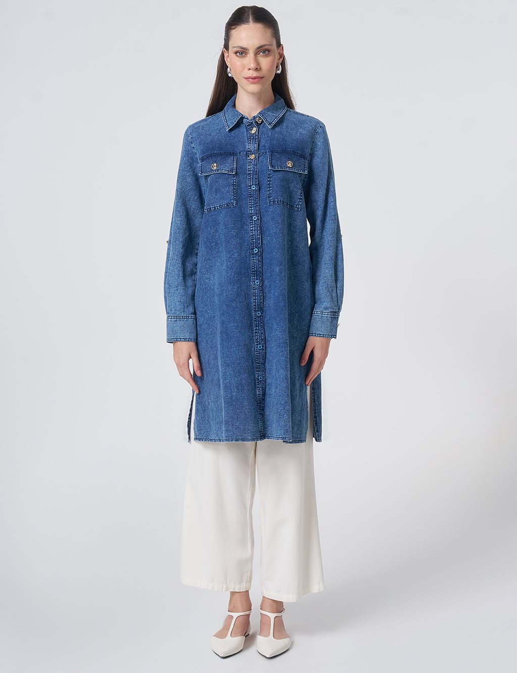 Gold Button Cotton Linen Tunic Indigo