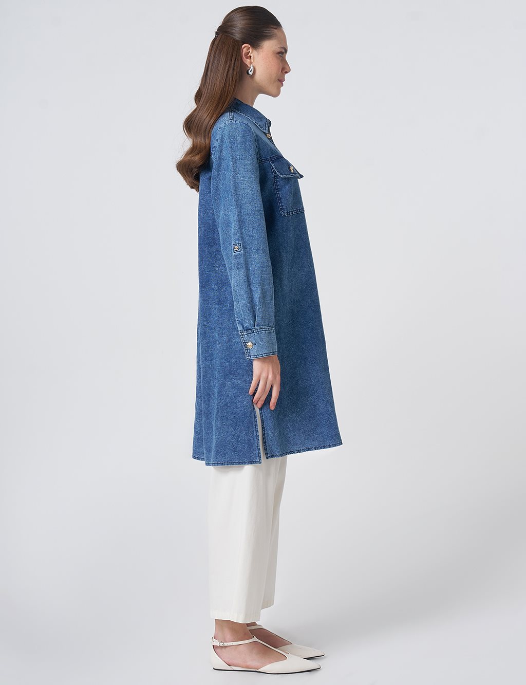 Gold Button Cotton Linen Tunic Indigo