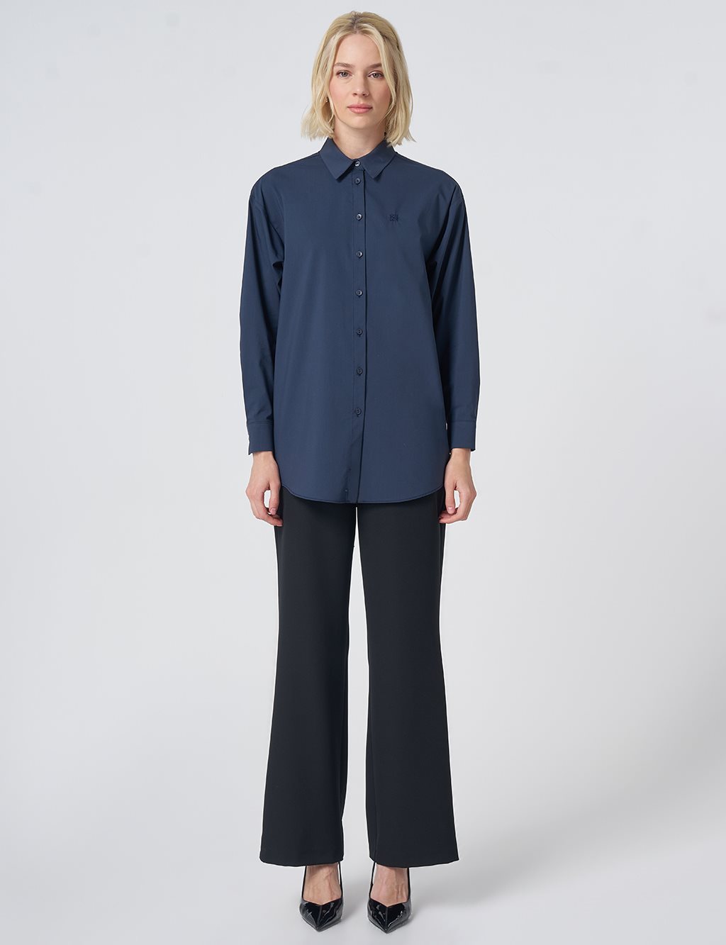Buttoned Cotton Basic Shirt Navy Blue