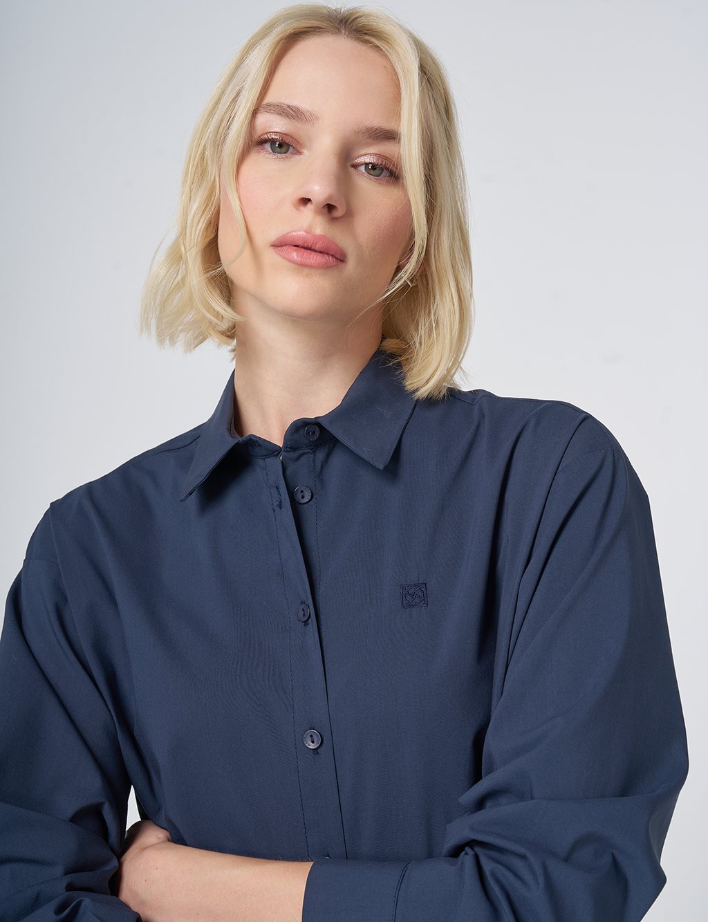 Buttoned Cotton Basic Shirt Navy Blue