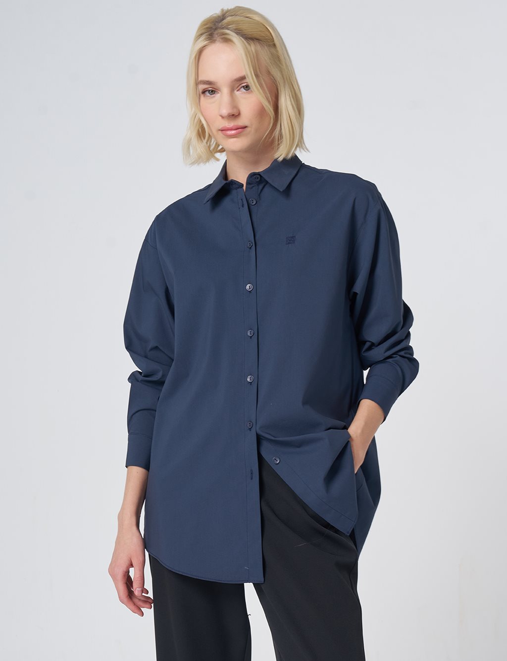 Buttoned Cotton Basic Shirt Navy Blue