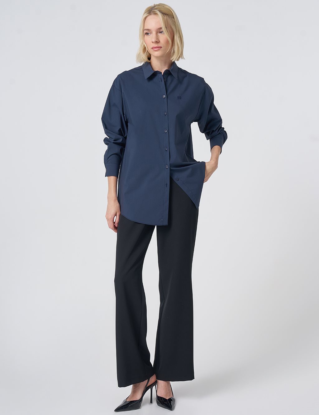 Buttoned Cotton Basic Shirt Navy Blue
