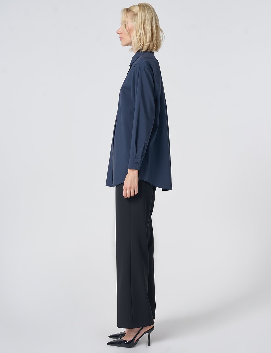 Buttoned Cotton Basic Shirt Navy Blue