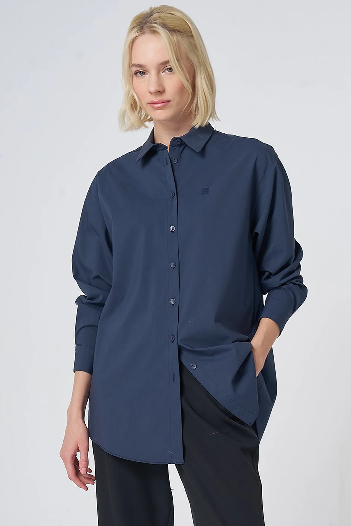 Buttoned Cotton Basic Shirt Navy Blue