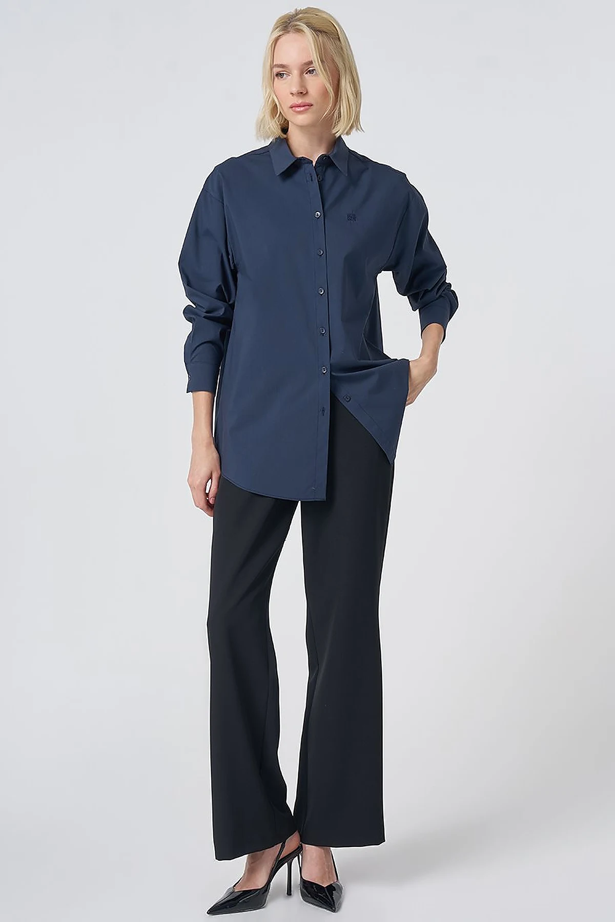 Buttoned Cotton Basic Shirt Navy Blue