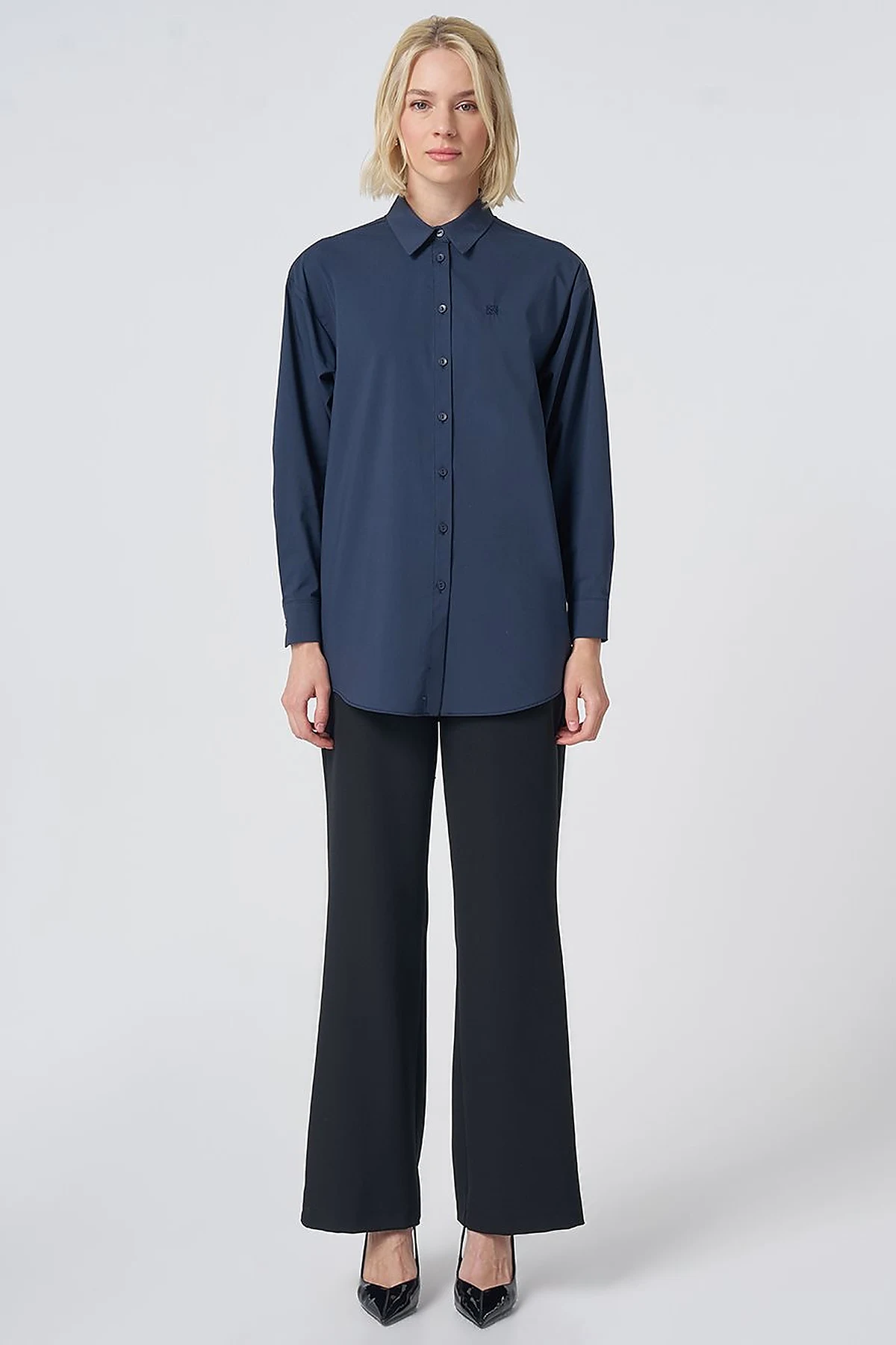 Buttoned Cotton Basic Shirt Navy Blue