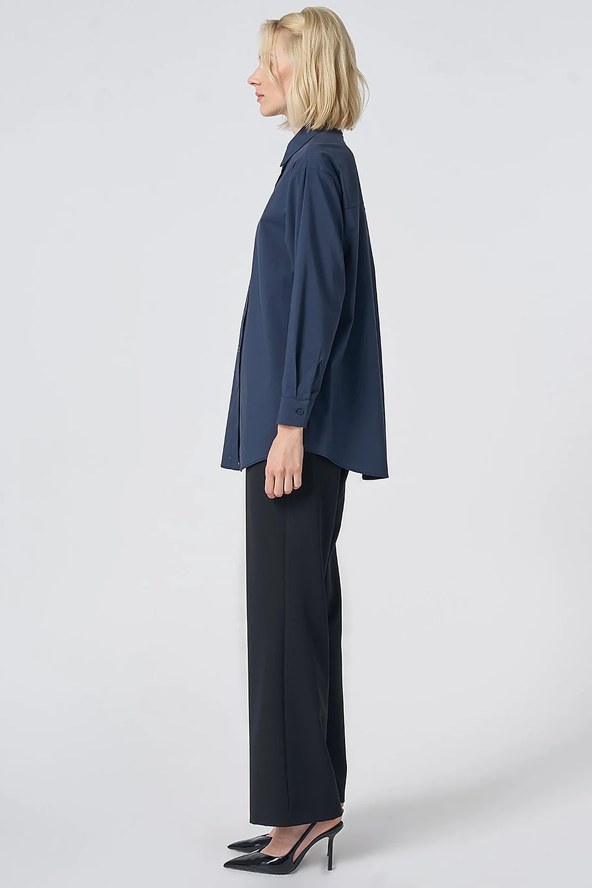 Buttoned Cotton Basic Shirt Navy Blue