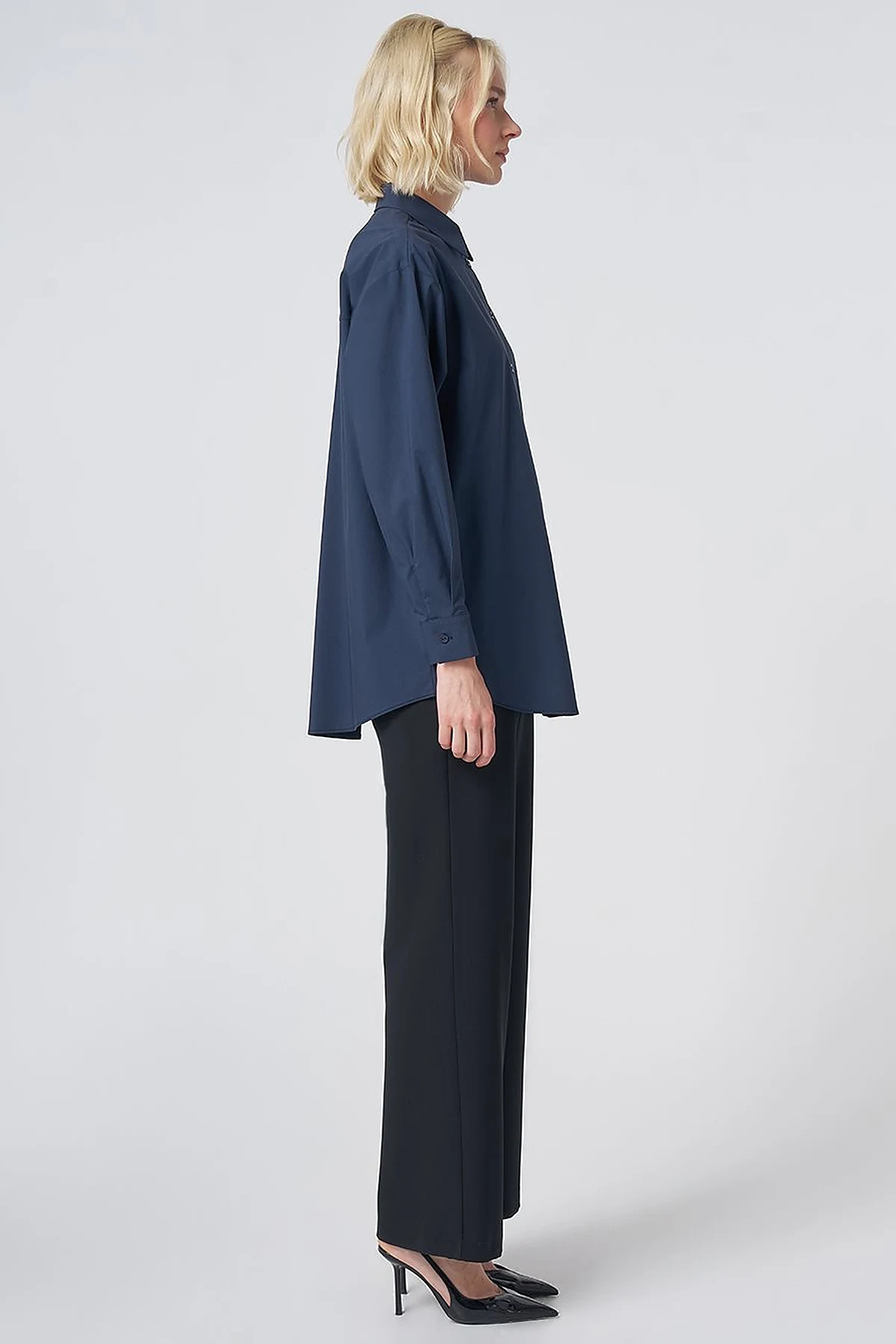 Buttoned Cotton Basic Shirt Navy Blue