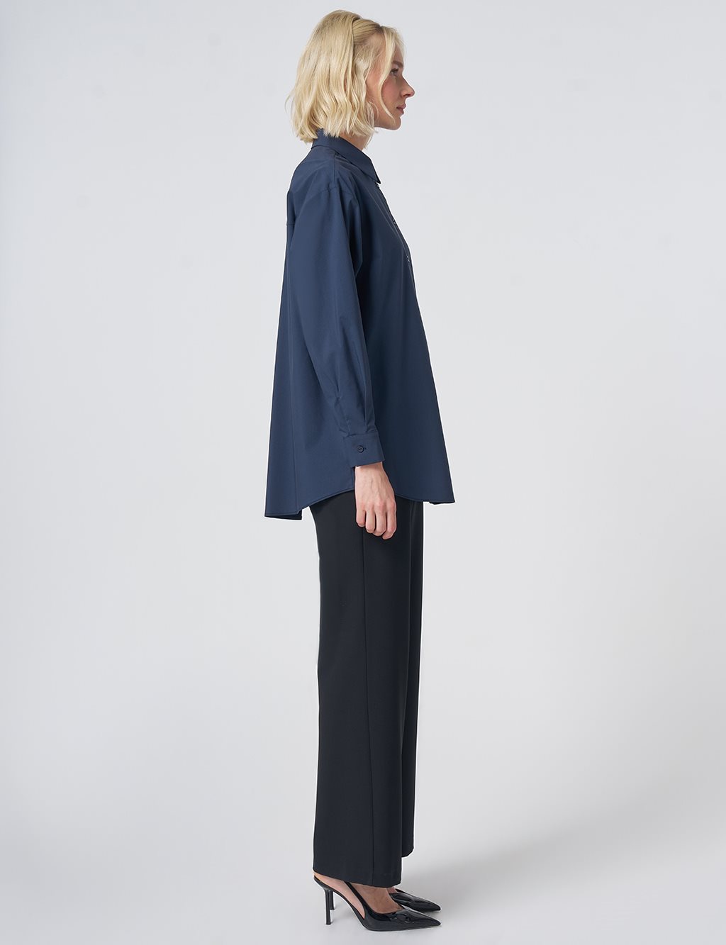 Buttoned Cotton Basic Shirt Navy Blue