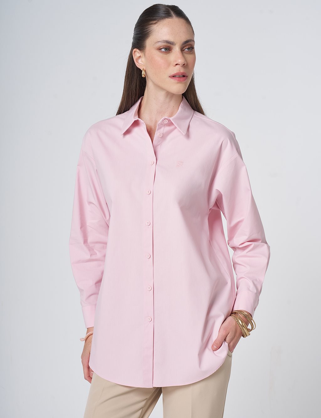 Buttoned Cotton Basic Shirt Powder Pink