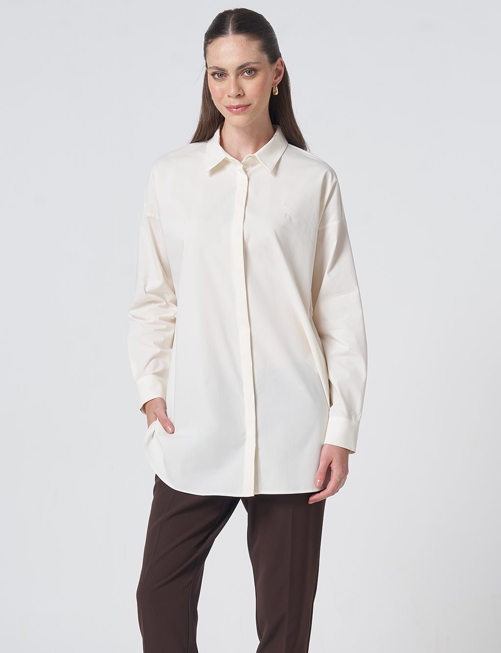 Concealed Placket Cotton Tunic Ecru