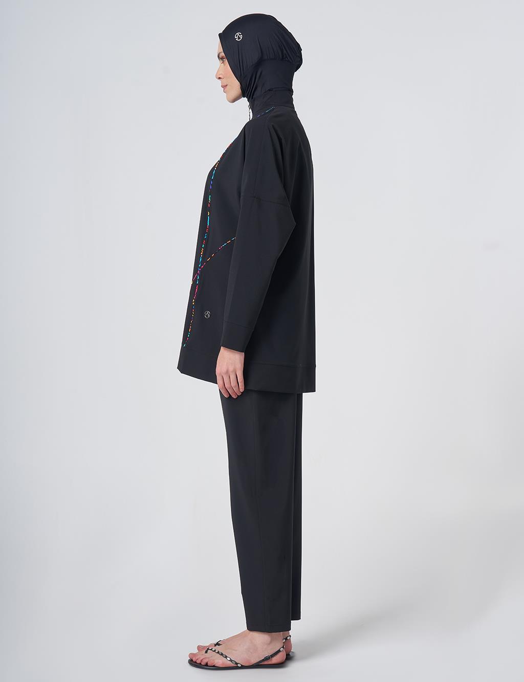 Modest Swimsuit with Multicolored Stripe Details - Black