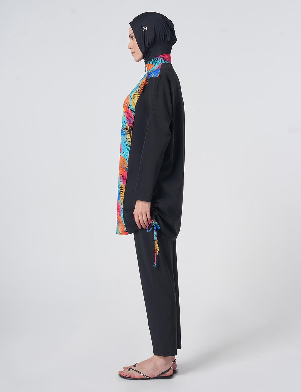 Multicolored Patterned Modest Swimsuit - Black