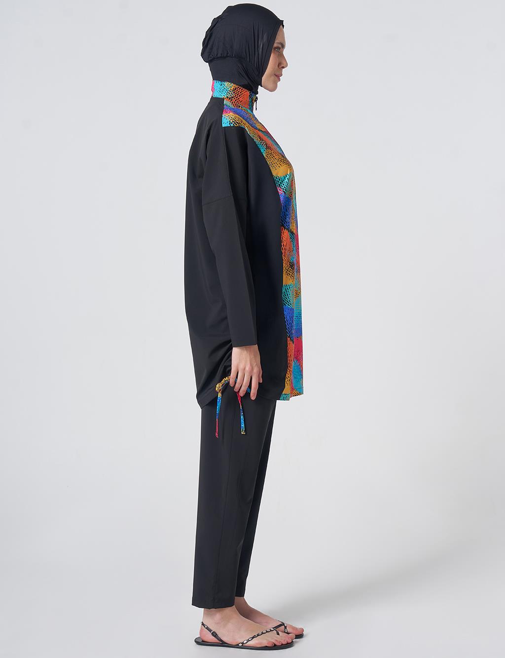 Multicolored Patterned Modest Swimsuit - Black
