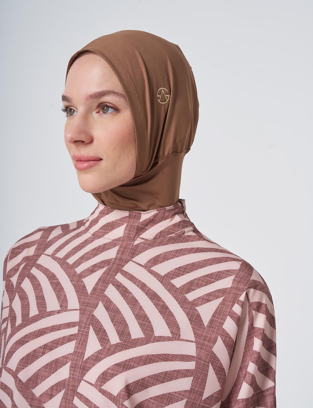 Patterned Modest Swimsuit - Light Brown