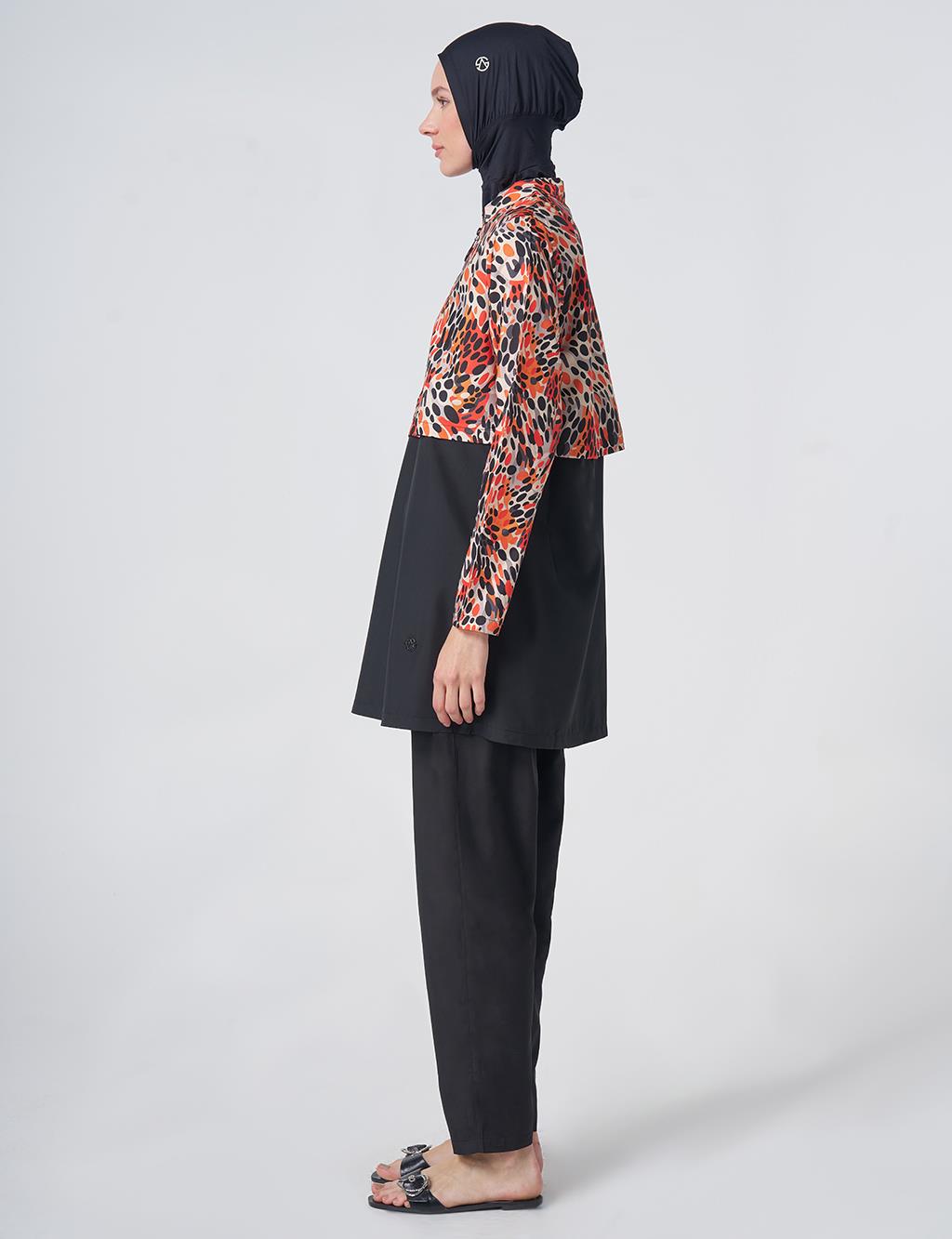 Speckled Print Modest Swimsuit - Black