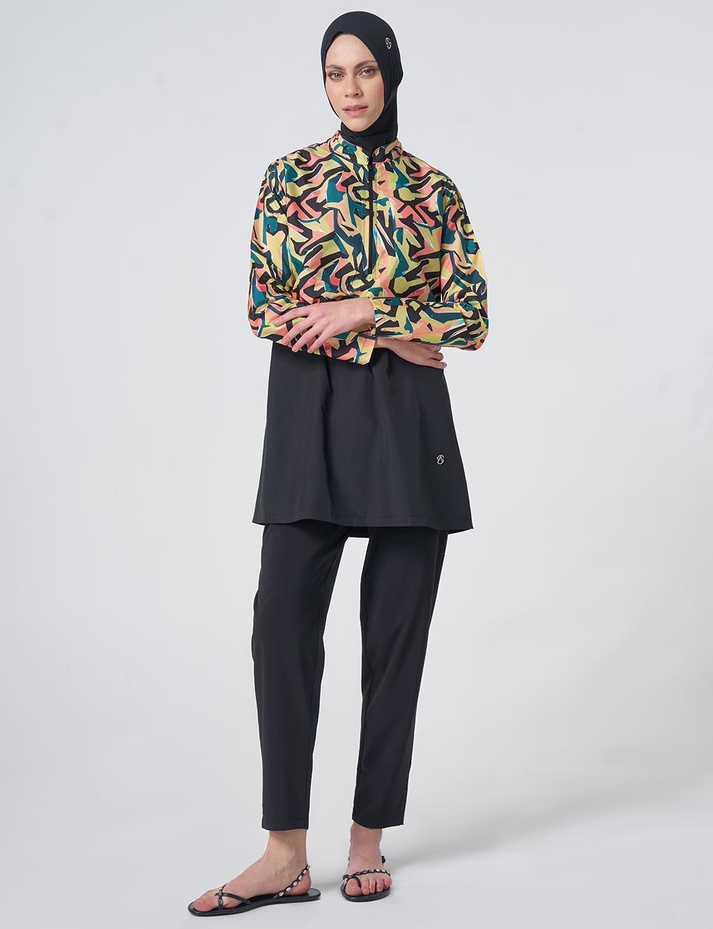 Patterned Modest Swimsuit - Black