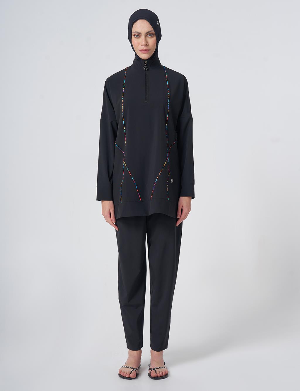 Modest Swimsuit with Multicolored Stripe Details - Black