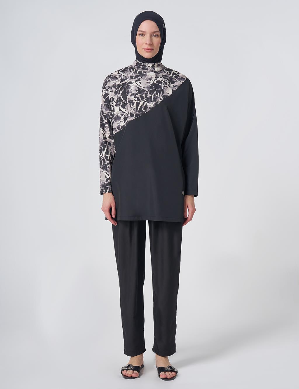 Marble Pattern Modest Swimsuit - Black