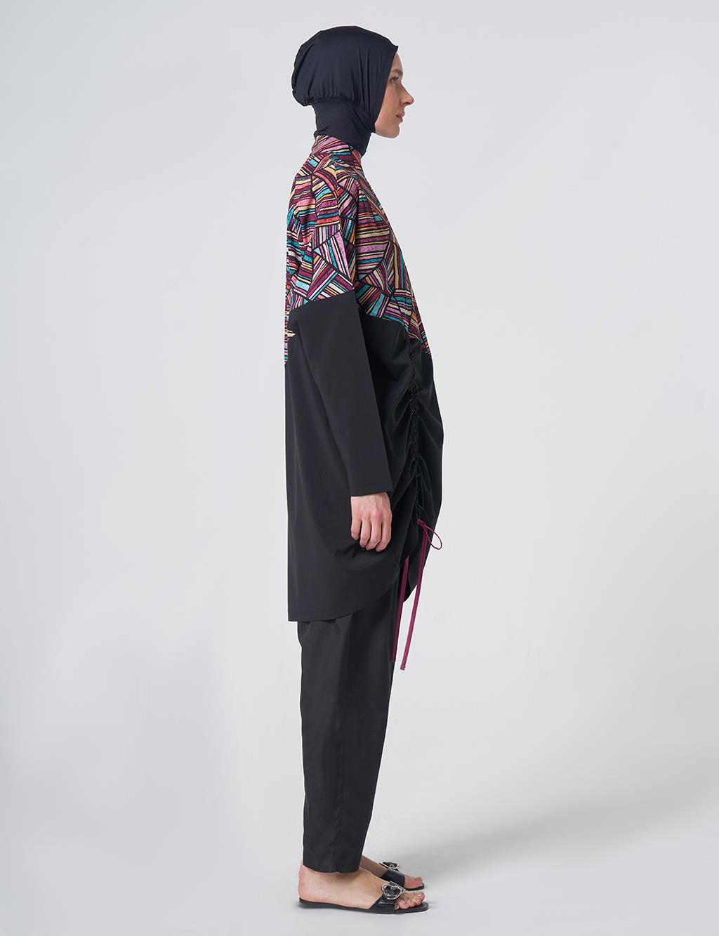 Geometric Pattern Modest Swimsuit - Black