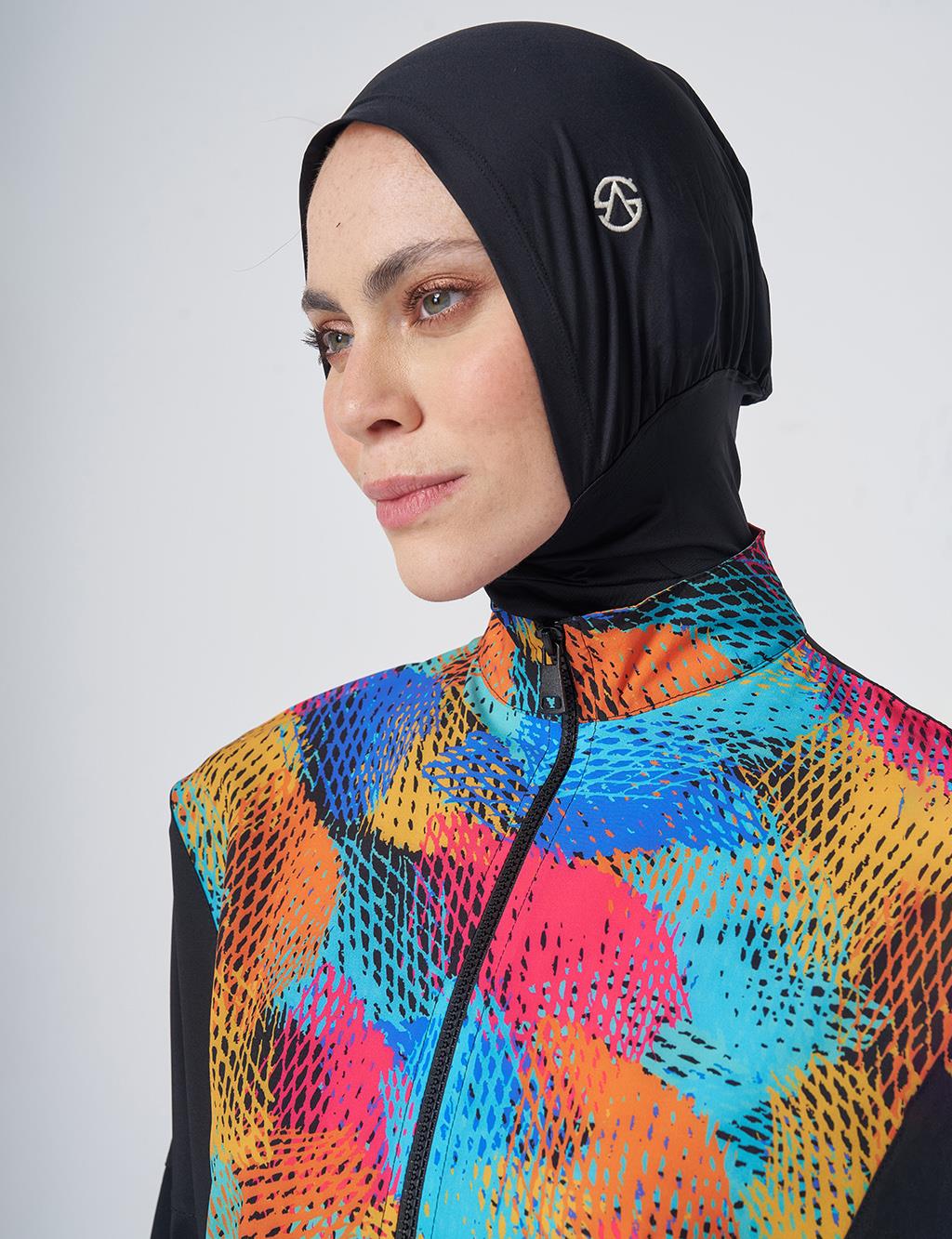 Multicolored Patterned Modest Swimsuit - Black