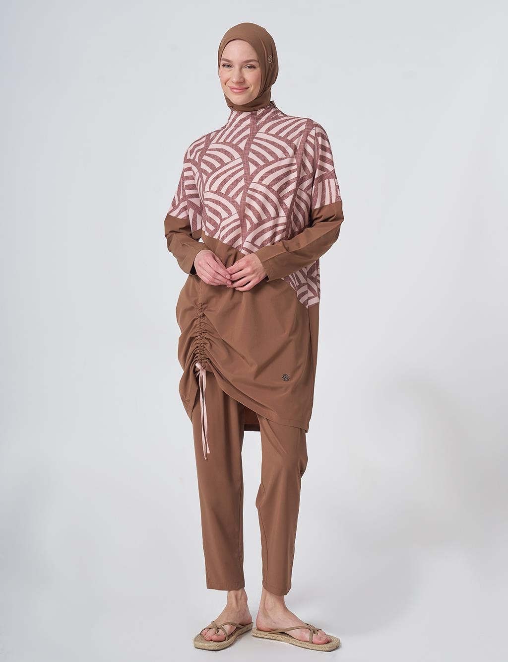 Patterned Modest Swimsuit - Light Brown