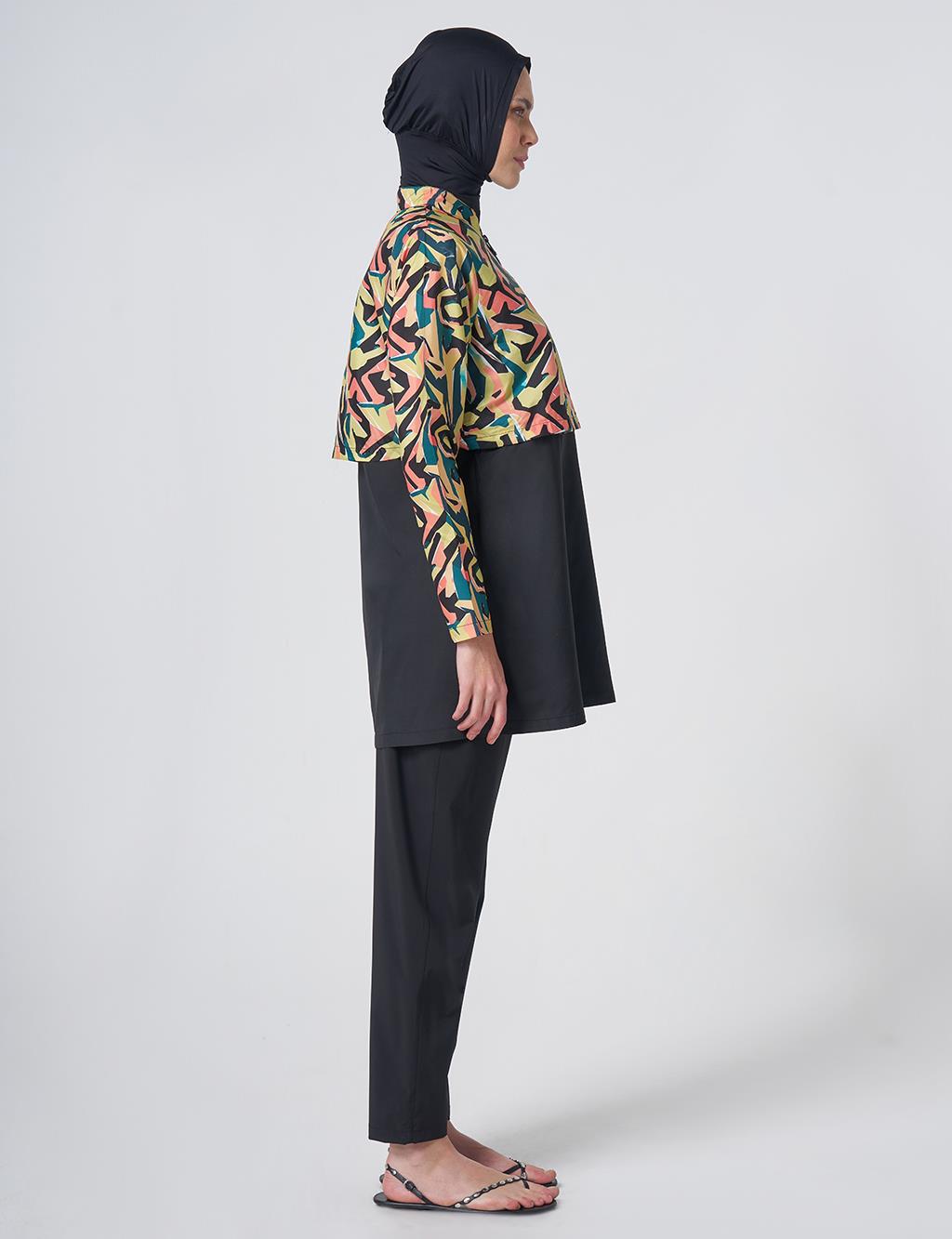 Patterned Modest Swimsuit - Black