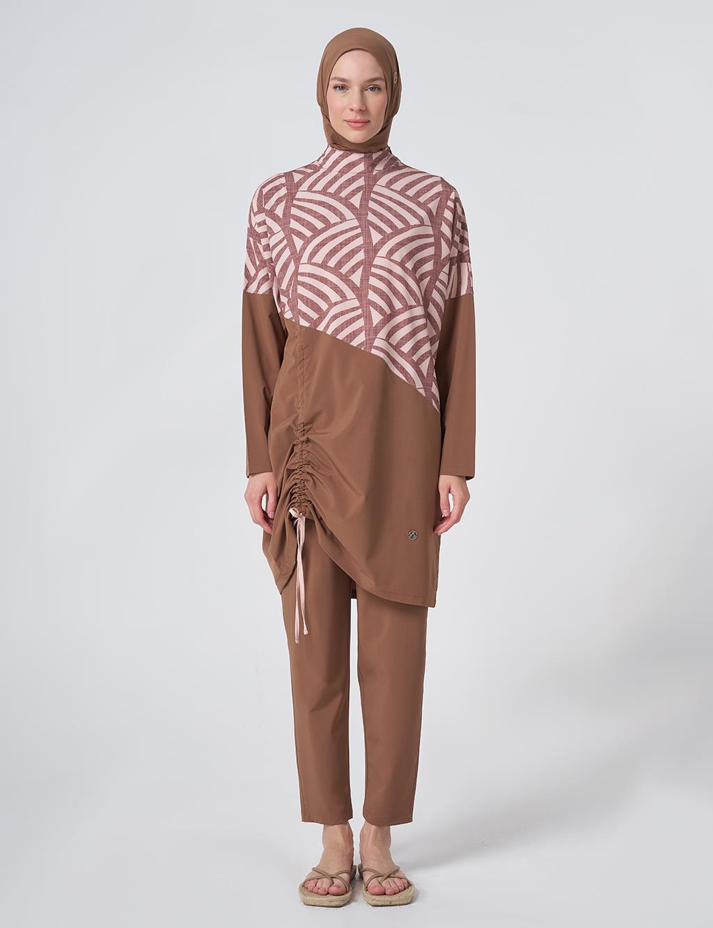 Patterned Modest Swimsuit - Light Brown