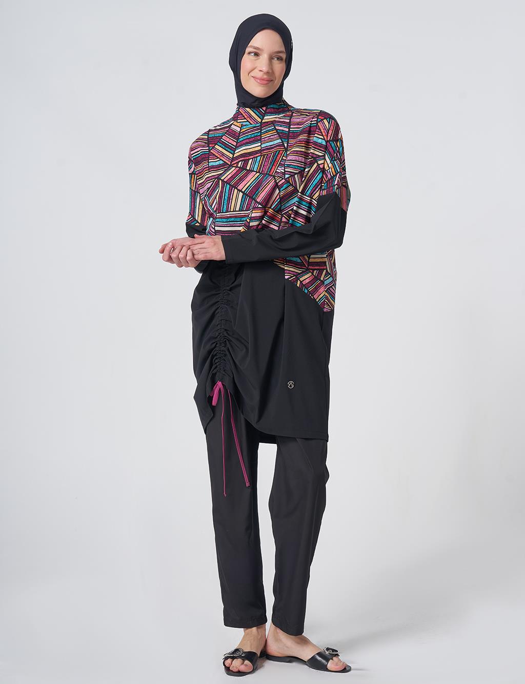 Geometric Pattern Modest Swimsuit - Black
