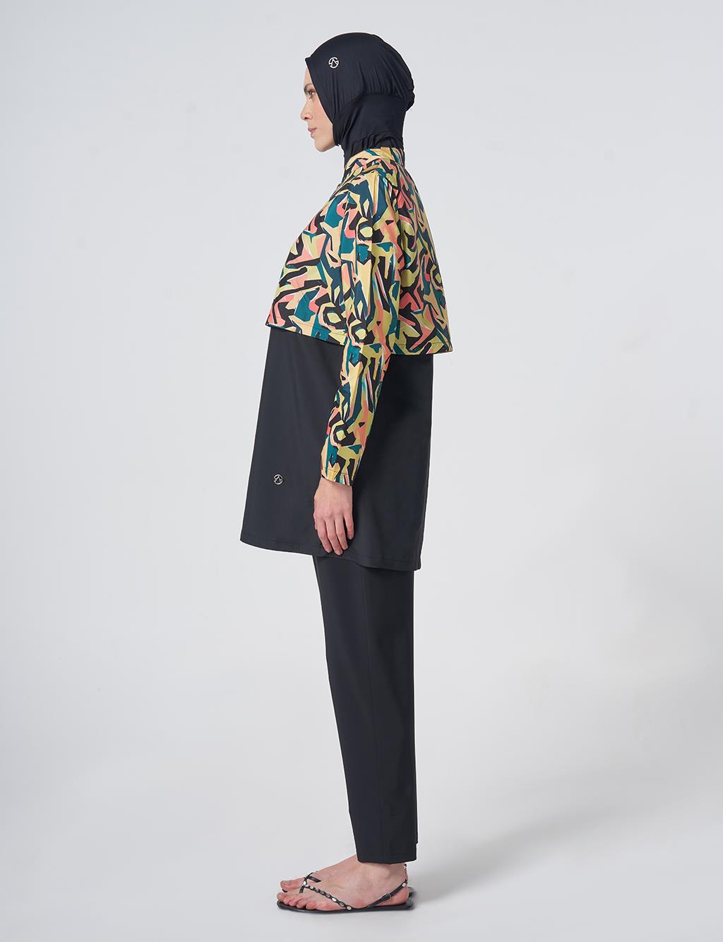 Patterned Modest Swimsuit - Black