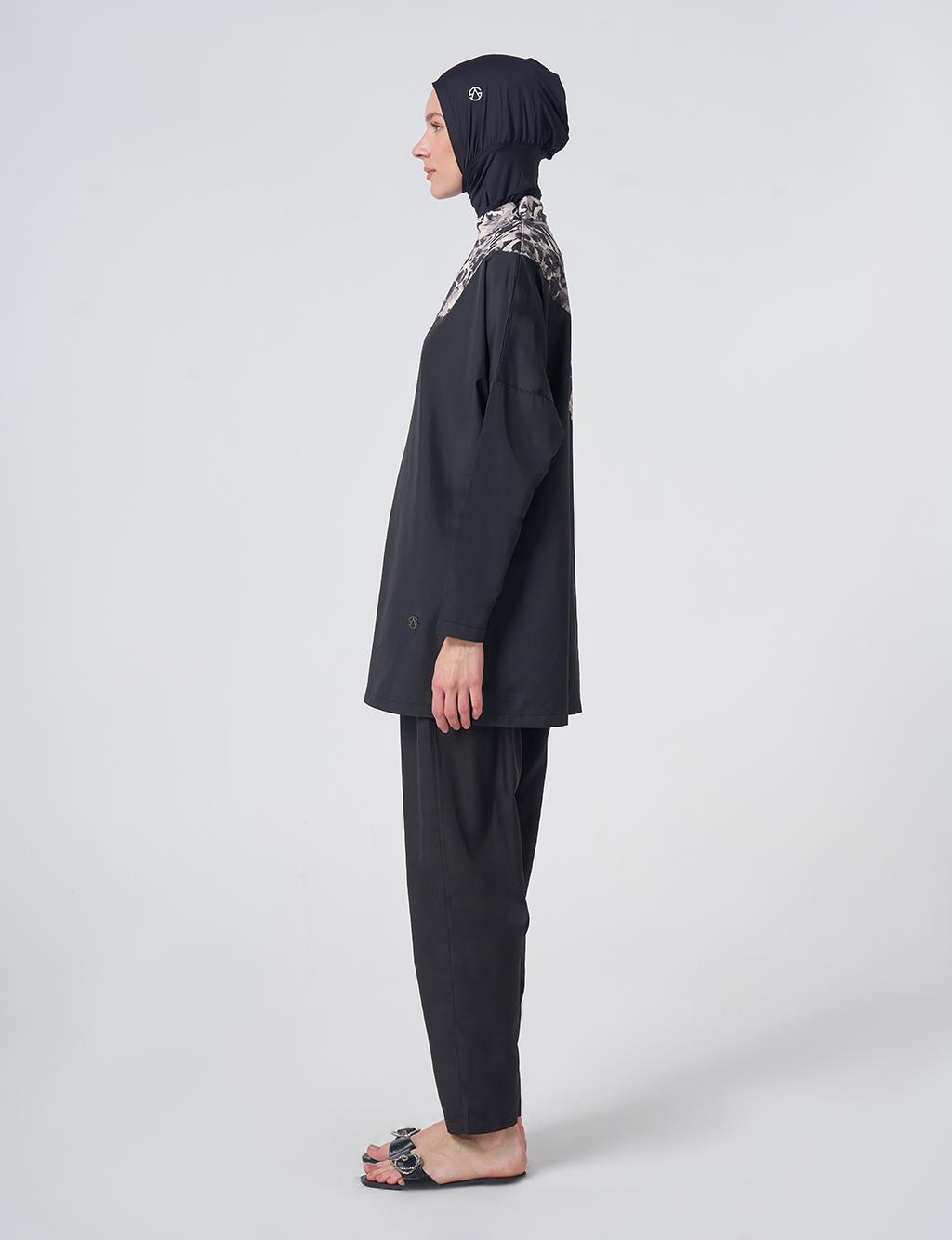Marble Pattern Modest Swimsuit - Black