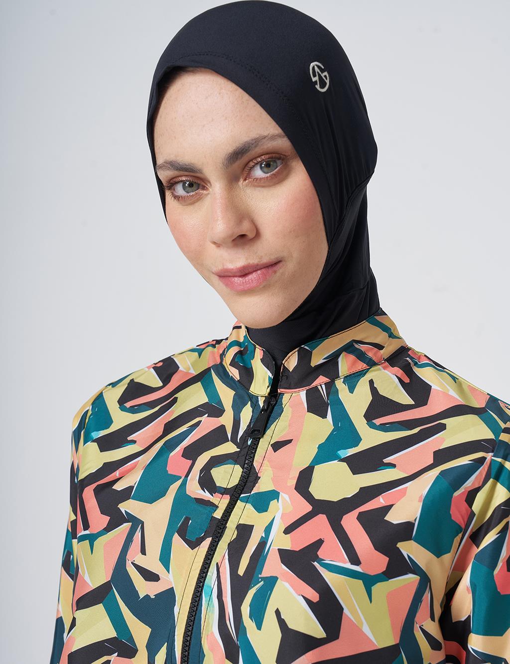 Patterned Modest Swimsuit - Black