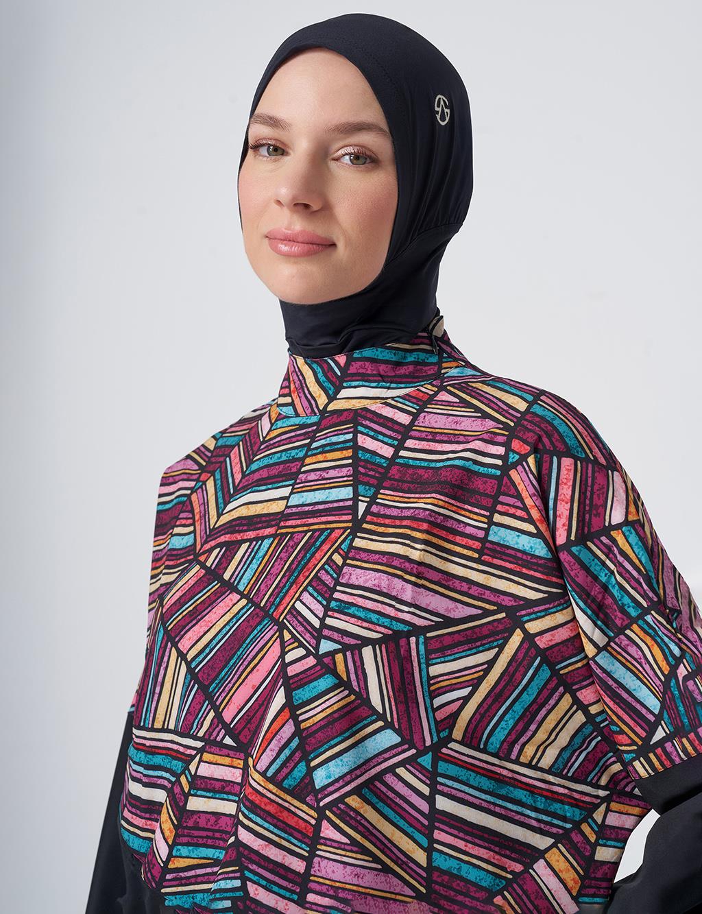 Geometric Pattern Modest Swimsuit - Black