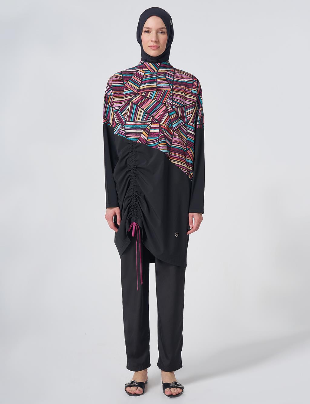 Geometric Pattern Modest Swimsuit - Black