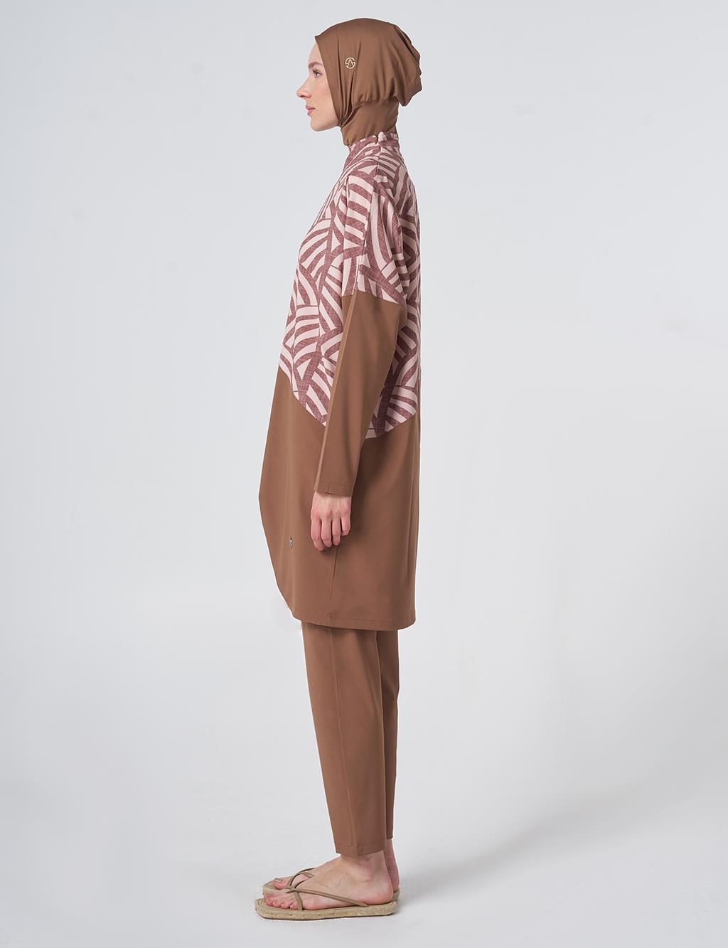 Patterned Modest Swimsuit - Light Brown